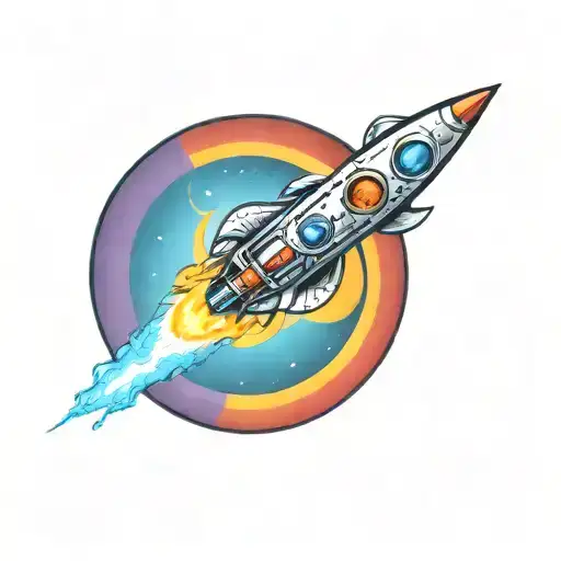 colorful retro spacehip entering a wormhole  tattoo design idea