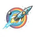 colorful retro spacehip entering a wormhole  tattoo design idea