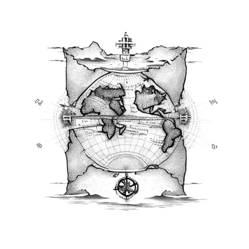 map of the world broken in 2 pieces on the left chest. on the right chest a Dutch voc ship sailing in big waves tattoo design idea