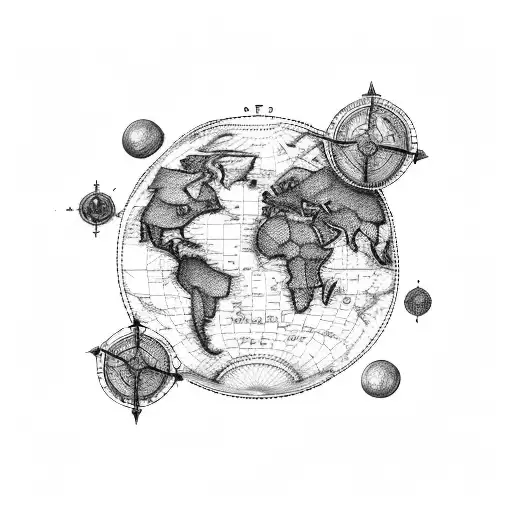 world map with old warship  tattoo design idea