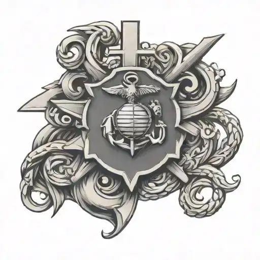 Create a tattoo of a Marine emblem intertwined with Christian symbols, representing faith and service tattoo design idea