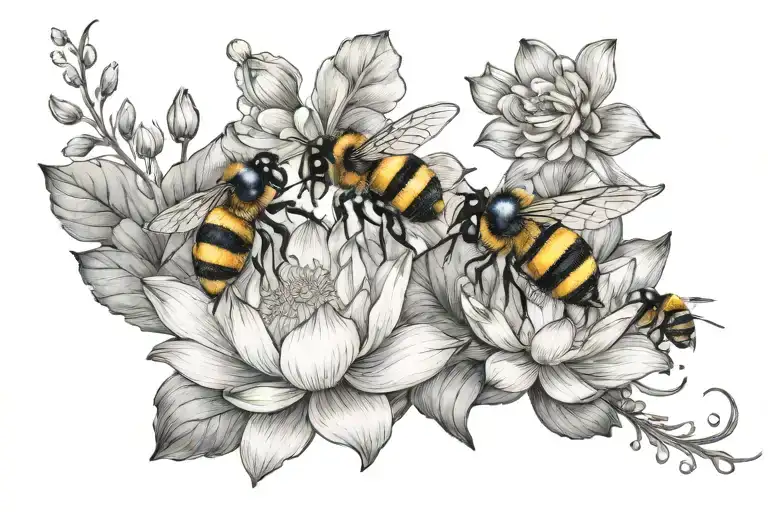 Lotus flowers and bumble bees flying upwards curved tattoo tattoo design idea