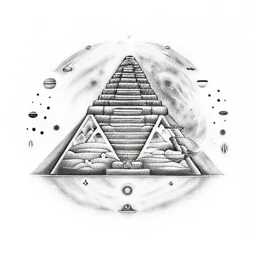 A Mayan-inspired pyramid with planets and stars floating around it tattoo design idea