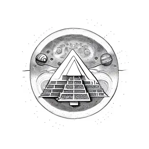 A Mayan-inspired pyramid with planets and stars floating around it tattoo design idea