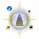 A Mayan-inspired pyramid with planets and stars floating around it tattoo design idea