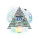 A Mayan-inspired pyramid with planets and stars floating around it tattoo design idea