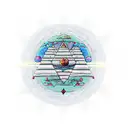 A Mayan-inspired pyramid with planets and stars floating around it tattoo design idea