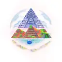 A Mayan-inspired pyramid with planets and stars floating around it tattoo design idea