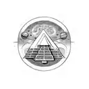 A Mayan-inspired pyramid with planets and stars floating around it tattoo design idea