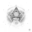 A Mayan-inspired pyramid with planets and stars floating around it tattoo design idea