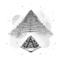 A Mayan-inspired pyramid with planets and stars floating around it tattoo design idea