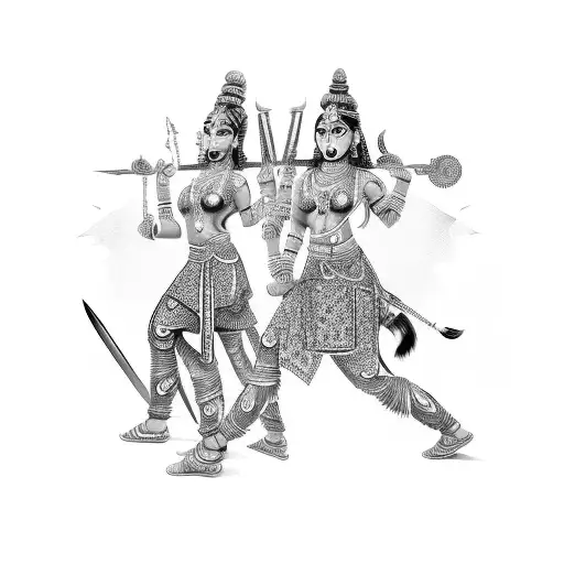 twin hindu warrior females in action tattoo design idea