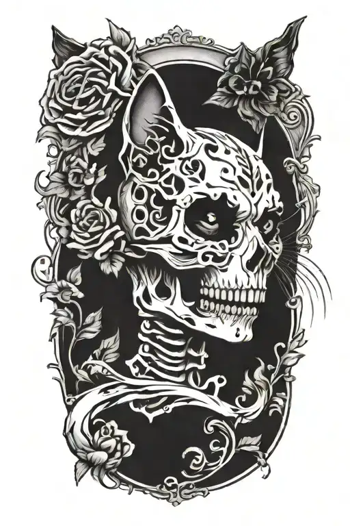 cat skeleton head tattoo design idea