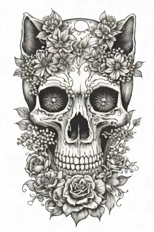 cat skull with mushrooms, babies breath and sun flowers tattoo design idea