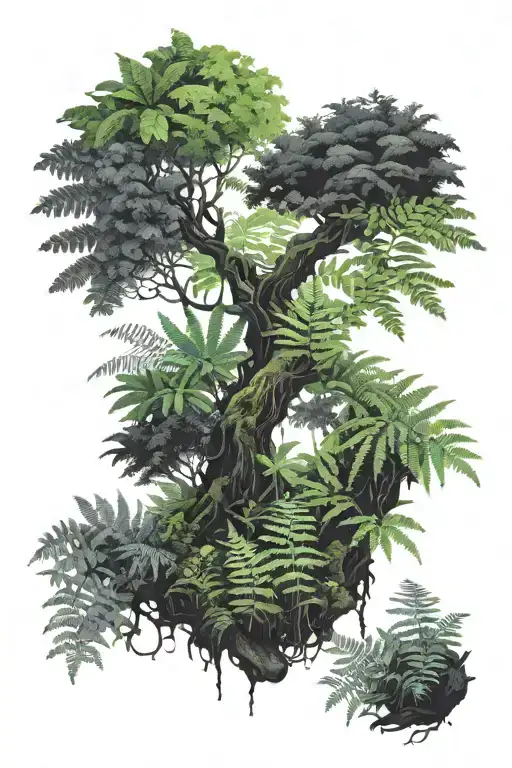 lush green moss and fern covered rainforest, black ink, sparse green highlights tattoo design idea