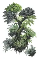 lush green moss and fern covered rainforest, black ink, sparse green highlights tattoo design idea