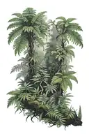 lush green moss and fern covered rainforest, black ink, sparse green highlights tattoo design idea