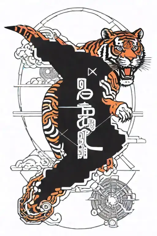 tiger ,japanese, red sun, clouds surrounding tattoo design idea