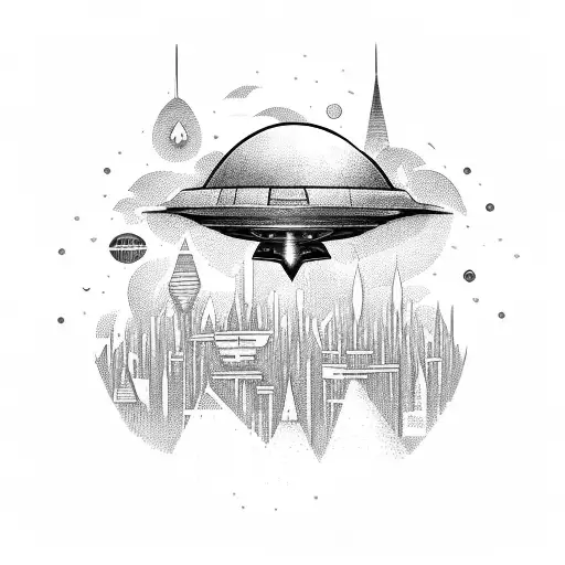 An alien spaceship hovering above a cityscape, with animals roaming freely below tattoo design idea
