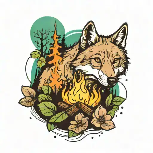Nature back ground, with a wolf, a campfire, a lake and a five leaf clover tattoo design idea