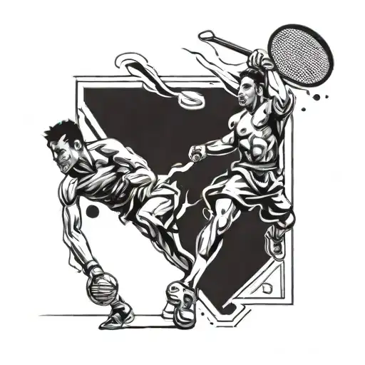 A dynamic tattoo design combining elements of badminton, kickboxing, and jiu-jitsu in a cohesive and visually striking way tattoo design idea