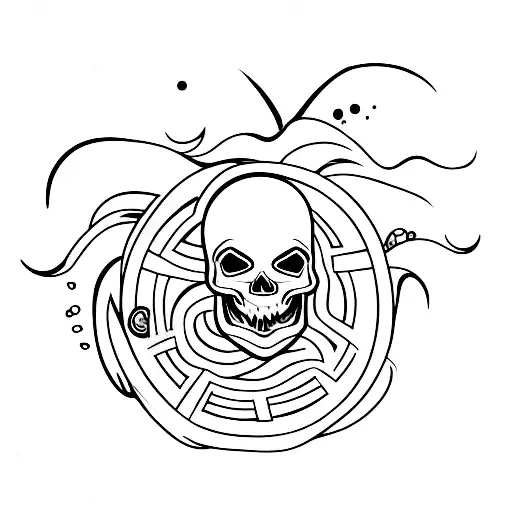 A minimalist tattoo of a surfing wave with a skull in the barrel tattoo design idea