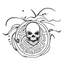 A minimalist tattoo of a surfing wave with a skull in the barrel tattoo design idea