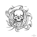 A minimalist tattoo of a surfing wave with a skull in the barrel tattoo design idea