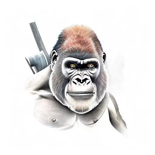 create a realistic tattoo of a warrior gorilla, with Japanese or oriental motifs and a compass or hourglass tattoo design idea