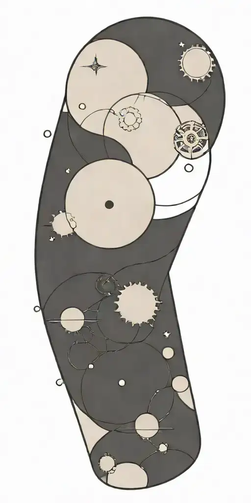 A celestial clockwork mechanism with planets and stars as its gears tattoo design idea