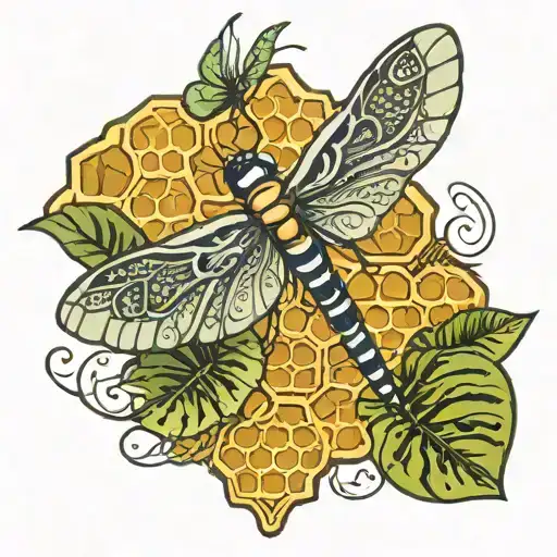 honeycomb pattern with monstera and one dragonfly tattoo design idea
