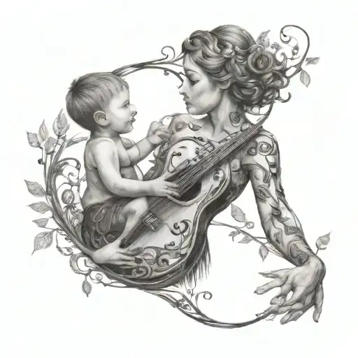 A pixie-cut hair  mother holding her child surrounded by a tree of life made of music notes tattoo design idea