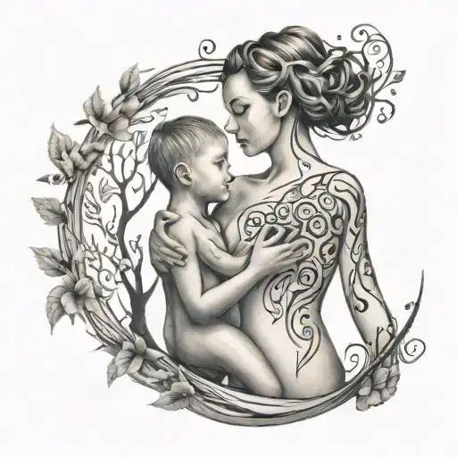 A mother with very short hair holding her child surrounded by a tree of life made of music notes tattoo design idea