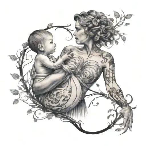 A very short-haired mother holding her child surrounded by a tree of life made of music notes tattoo design idea