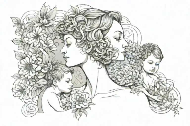 crysanthemum and sweet pea surrounding short-haired mom and baby tattoo design idea