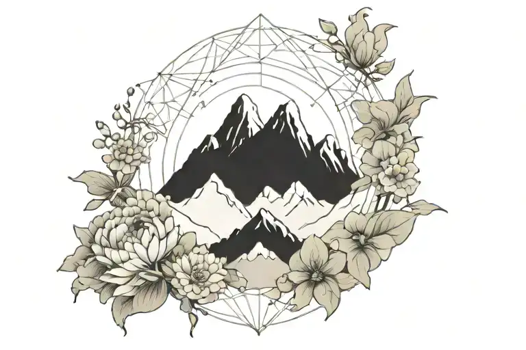 crysanthemum and sweet pea inside a mountain landscape tattoo design idea
