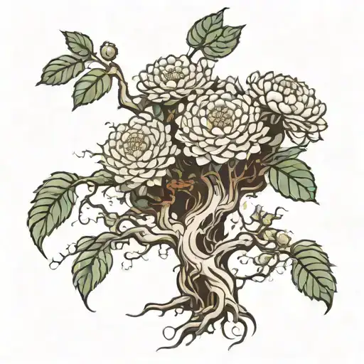 crysanthemum wrapping tree with roots tattoo design idea