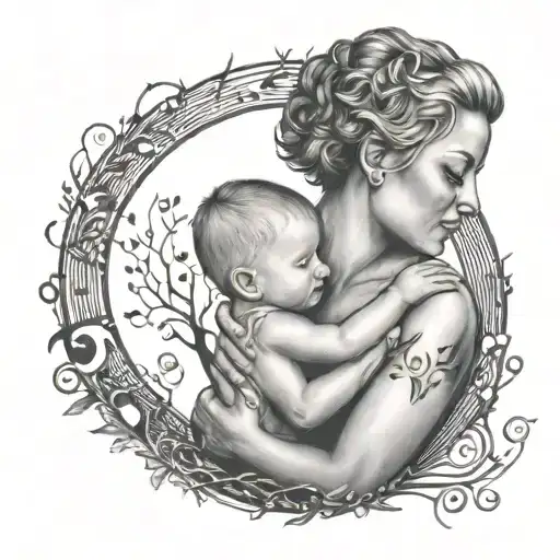 A mother with very short hair holding her child surrounded by a tree of life made of music notes tattoo design idea