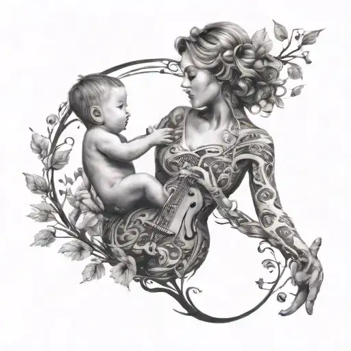 A mother with very short hair holding her child surrounded by a tree of life made of music notes tattoo design idea
