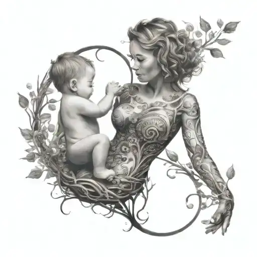 A short-haired mother holding her child surrounded by a tree of life made of music notes tattoo design idea