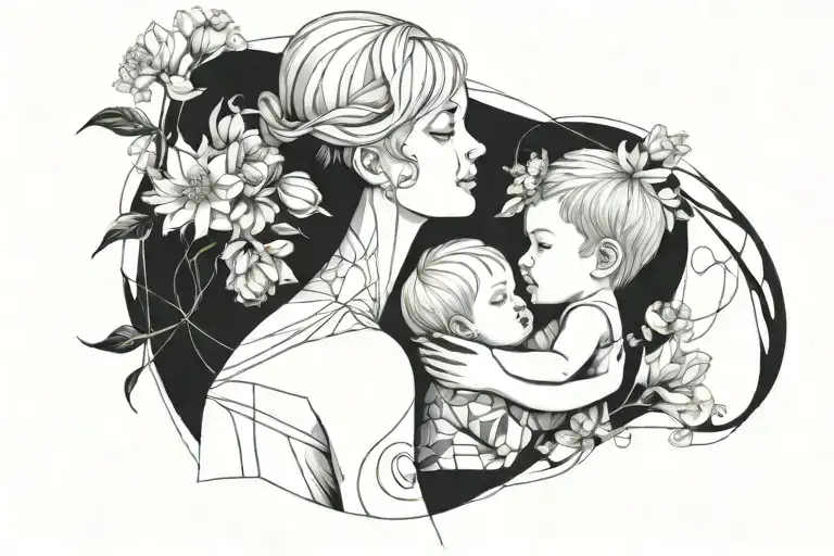crysanthemum and sweet pea surrounding short-haired mom and baby boy tattoo design idea