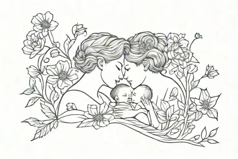 crysanthemum and sweet pea surrounding short-haired mom and baby boy tattoo design idea