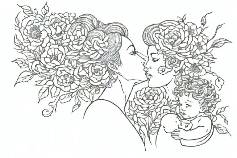 crysanthemum and sweet pea surrounding short-haired goddess and baby boy  tattoo design idea