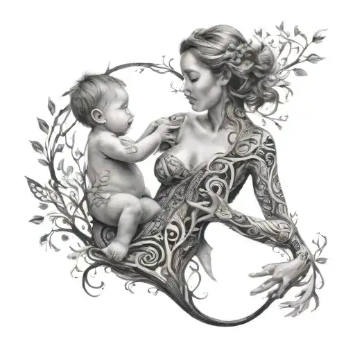 A mother holding her child surrounded by a tree of life made of music notes tattoo design idea