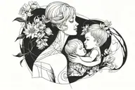 crysanthemum and sweet pea surrounding short-haired mom and baby boy tattoo design idea