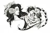 crysanthemum and sweet pea surrounding short-haired mom and baby boy tattoo design idea
