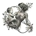 A mother holding her child surrounded by a tree of life made of music notes tattoo design idea