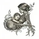 A mother holding her child surrounded by a tree of life made of music notes tattoo design idea