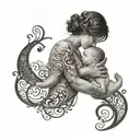 A mother holding her child surrounded by a tree of life made of music notes tattoo design idea