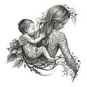 A mother holding her child surrounded by a tree of life made of music notes tattoo design idea